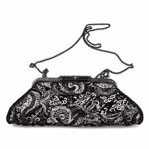 Moni Couture Black Silver Beaded Sequined Evening Occasion Clutch Bag Chain